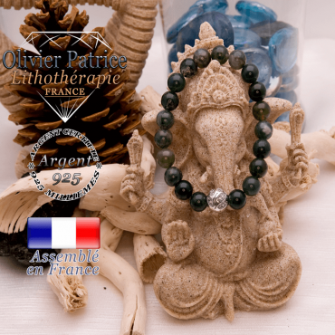 Bracelet agate mousse et boule gravée en argent 925