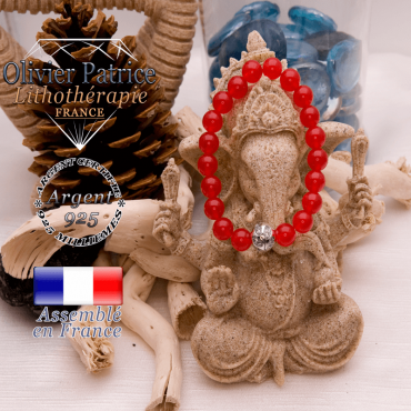 Bracelet agate rouge et boule feuilles gravées en argent 925