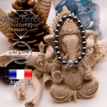 Bracelet hématite et boule gravée en argent 925