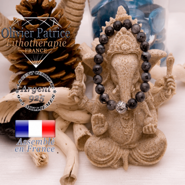 Bracelet larvikite et boule gravée en argent 925