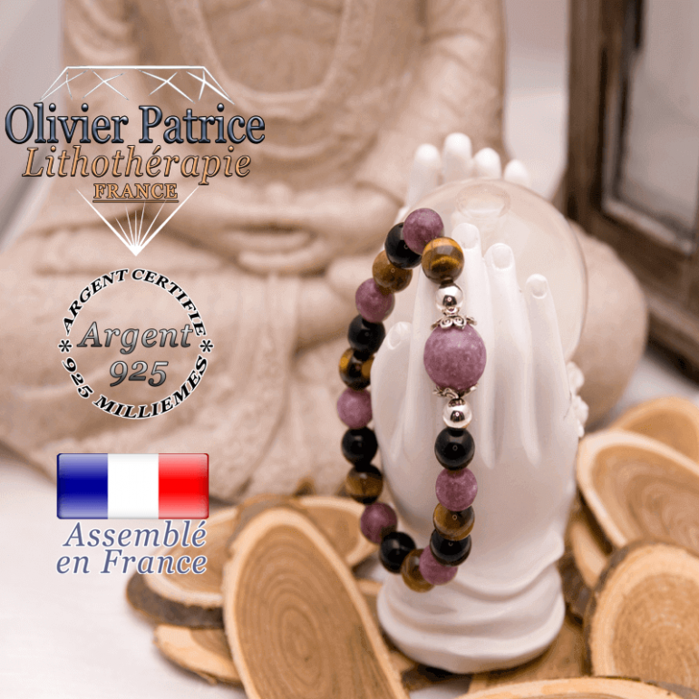 Bracelet protection femme 3 pierres centre lépidolite en argent 925
