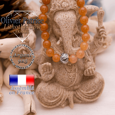 Bracelet aventurine orange et boule gravée en argent 925