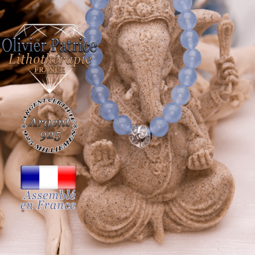 Bracelet agate bleue et boule gravée en argent 925