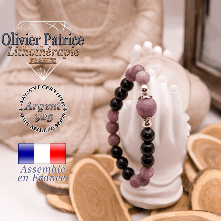 Bracelet obsidienne lépidolite en argent 925