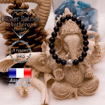 Bracelet obsidienne et boule gravée en argent 925