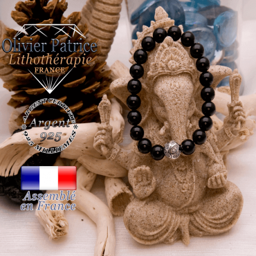 Bracelet obsidienne dorée et boule gravée en argent 925