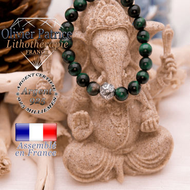 Bracelet Œil de Tigre teinte verte et boule gravée en argent 925