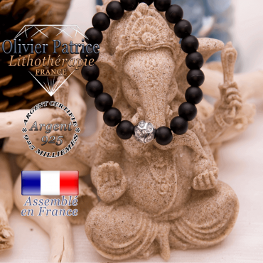 Bracelet onyx mat et boule feuilles gravées en argent 925