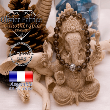 Bracelet quartz fumé et boule gravée en argent 925