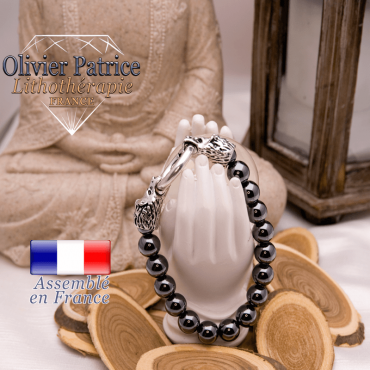 Bracelet en hématite avec tête de lion pour homme