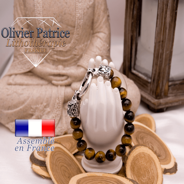 Bracelet en œil de tigre avec tête de lion pour homme