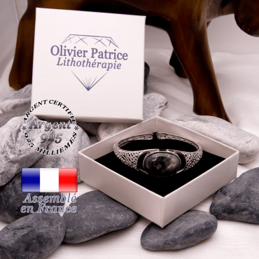 Bracelet toile d'araignée larvikite ouvert en argent 925