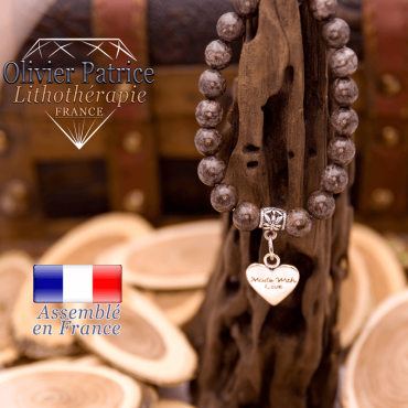 Bracelet obsidienne neige  brune charms coeur alliage