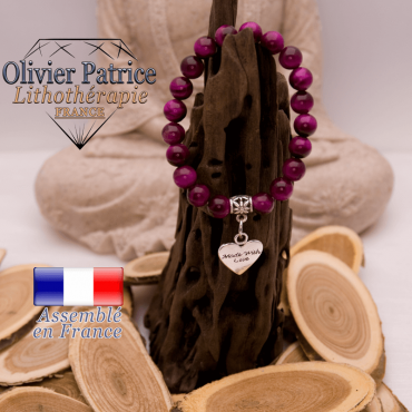 Bracelet Œil de Tigre teinte violette charms coeur alliage