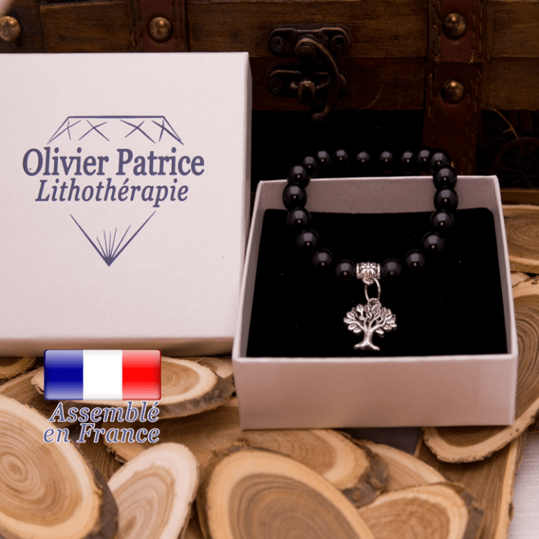 Bracelet tourmaline noire charms arbre de vie en alliage