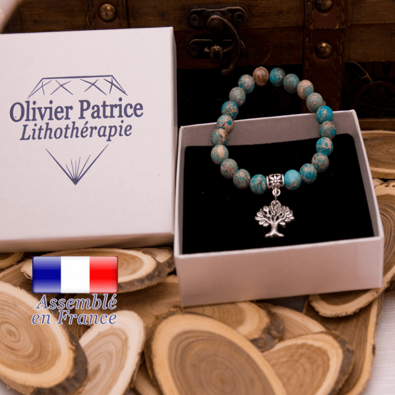 Bracelet agate crazy lace bleu charms arbre de vie en alliage
