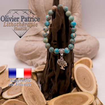 Bracelet agate crazy lace bleu charms arbre de vie en alliage