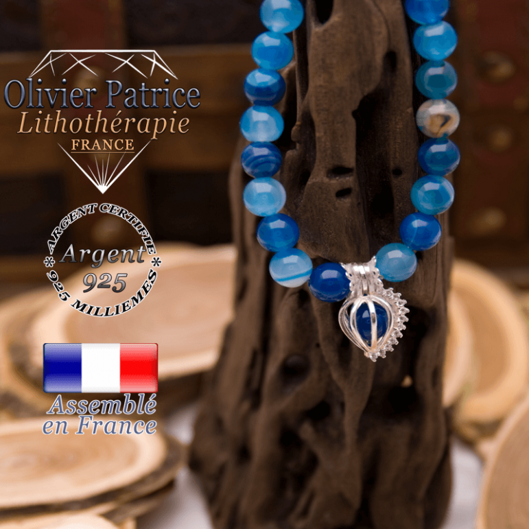 Bracelet agate à bandes bleues et sa cage strass en argent 925