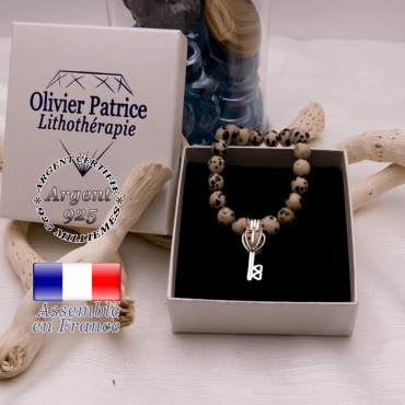 Bracelet jaspe dalmatien cage clé argent 925