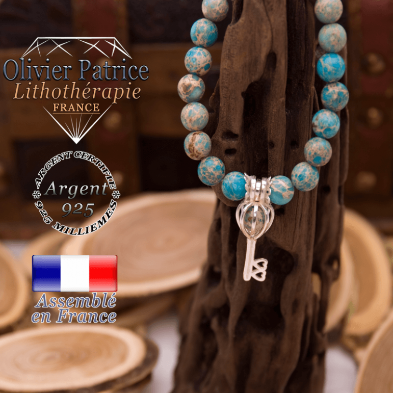 Bracelet agate crazy lace bleu cage clé argent 925