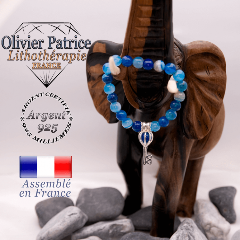 Bracelet agate à bandes bleues et sa cage clé en argent 925