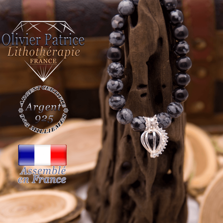 Bracelet obsidienne neige et sa cage strass en argent 925