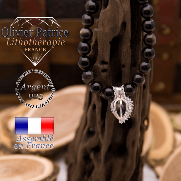 Bracelet obsidienne dorée cage strass en argent 925