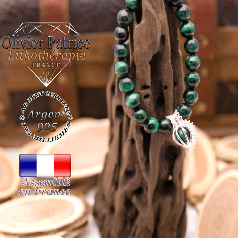 Bracelet Œil de Tigre teinte verte et sa cage strass en argent 925