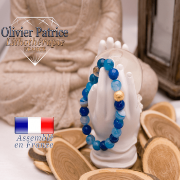 Bracelet en agate à bandes bleues et boule plaqué or