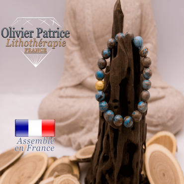 Bracelet agate crazy lace bleu et boule plaqué or