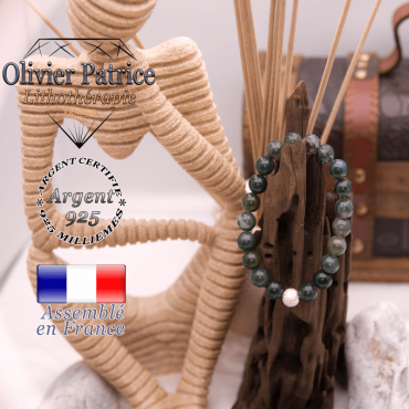 Bracelet agate mousse et sa boule brillante en argent 925