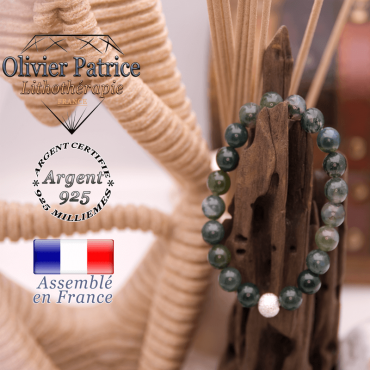 Bracelet agate mousse et sa boule brillante en argent 925