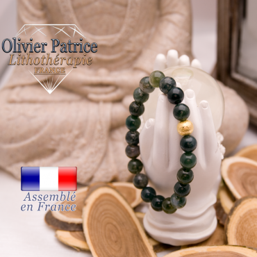 Bracelet agate mousse et boule plaqué or