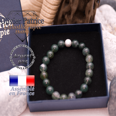 Bracelet agate mousse et sa boule brillante en argent 925