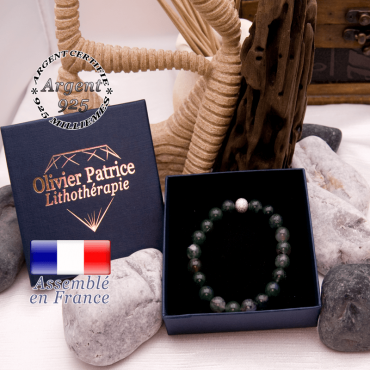 Bracelet agate mousse et sa boule brillante en argent 925