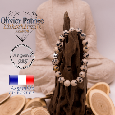 Bracelet jaspe dalmatien et boule en argent 925 - 8 mm