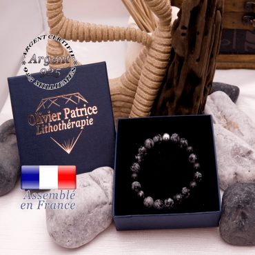 Bracelet obsidienne neige et boule en argent 925 dans son écrin