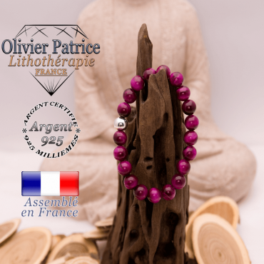 Bracelet Œil de Tigre teinte violette boule argent 925 - 8 mm