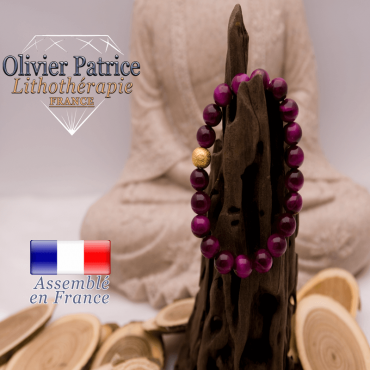 Bracelet Œil de Tigre teinte violette boule plaqué or