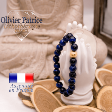 Bracelet Œil de Tigre teinte bleue et sa boule plaqué or