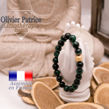 Bracelet Œil de Tigre teinte verte et boule plaqué or
