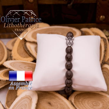 Bracelet obsidienne neige brune tête de léopard argentée alliage