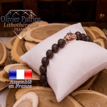 Bracelet obsidienne neige brune tête de léopard dorée alliage