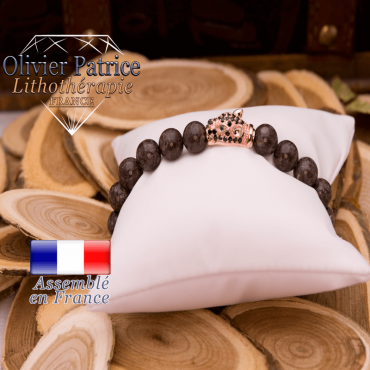 Bracelet obsidienne neige brune tête de léopard dorée alliage