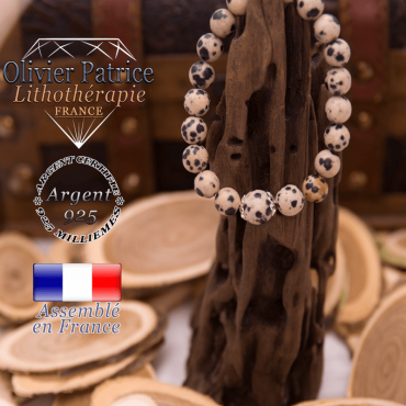 Bracelet jaspe dalmatien et sa grande boule entourée d'argent 925