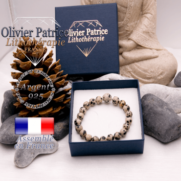 Bracelet jaspe dalmatien et sa grande boule entourée d'argent 925