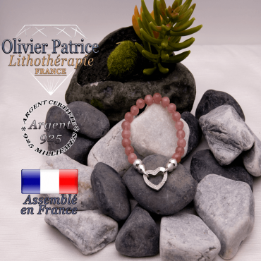 Bracelet quartz fraise avec son fermoir coeur en argent 925