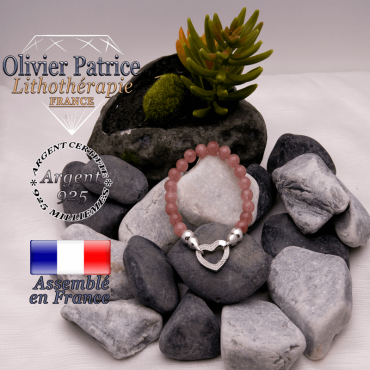 Bracelet quartz fraise avec son fermoir coeur en argent 925