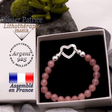 Bracelet quartz fraise avec son fermoir coeur en argent 925