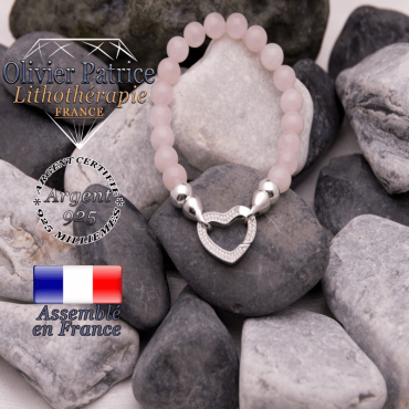Bracelet quartz rose avec fermoir coeur en argent 925